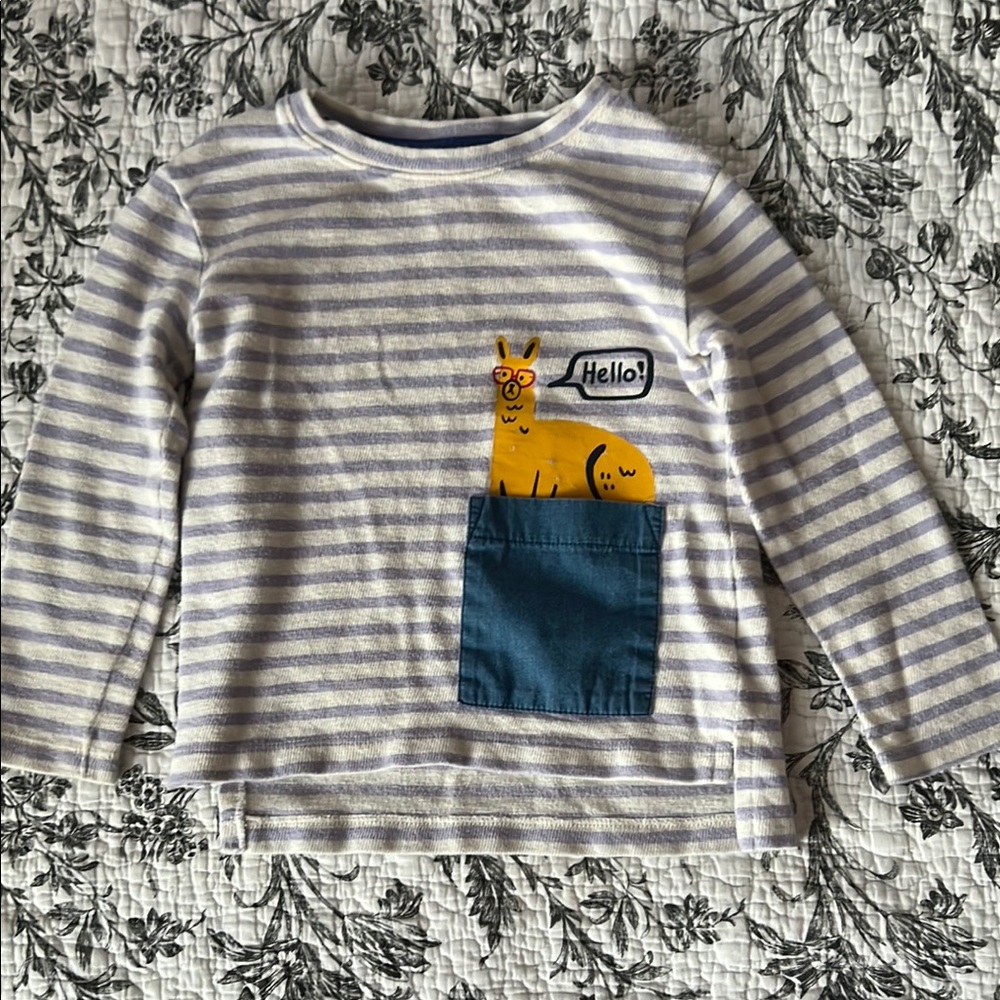 Cat & Jack 4T Long Sleeved Striped Shirt with Denim Llama Pocket